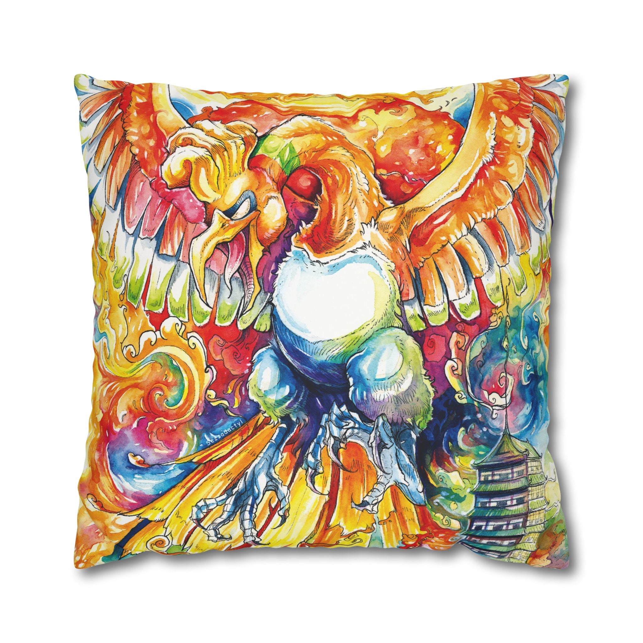 Square Poly Canvas Pillowcase - Fire Bird