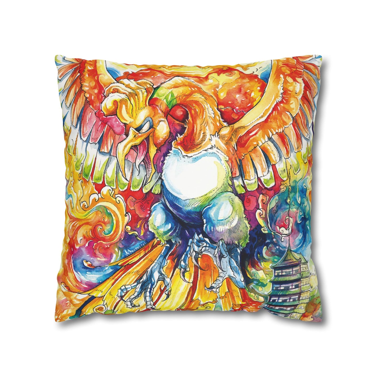 Square Poly Canvas Pillowcase - Fire Bird