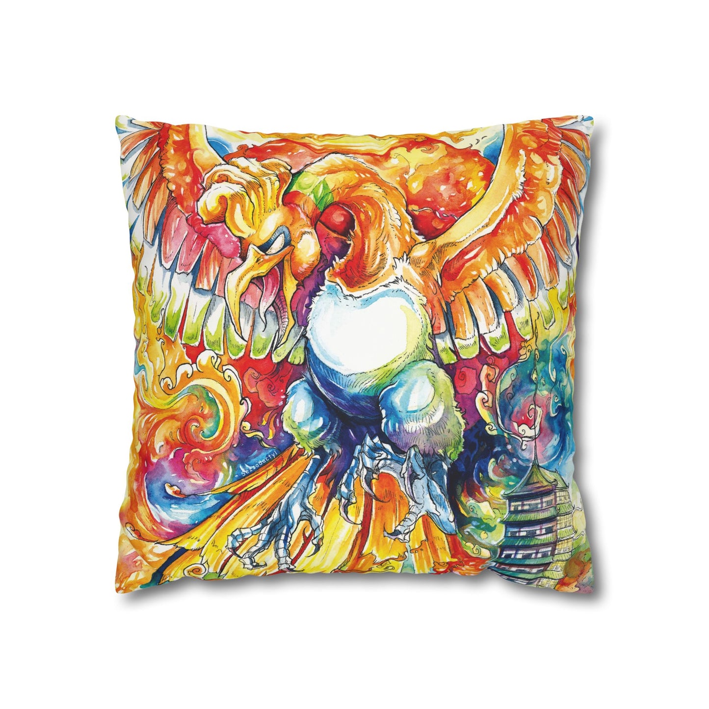 Square Poly Canvas Pillowcase - Fire Bird