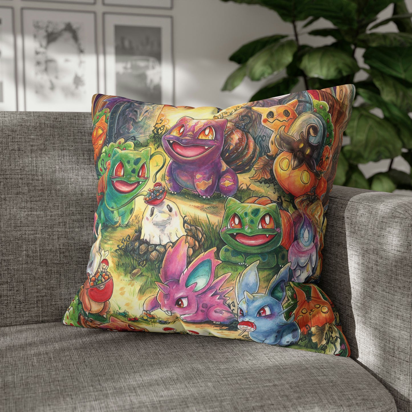 Square Poly Canvas Pillowcase - Halloween Friends