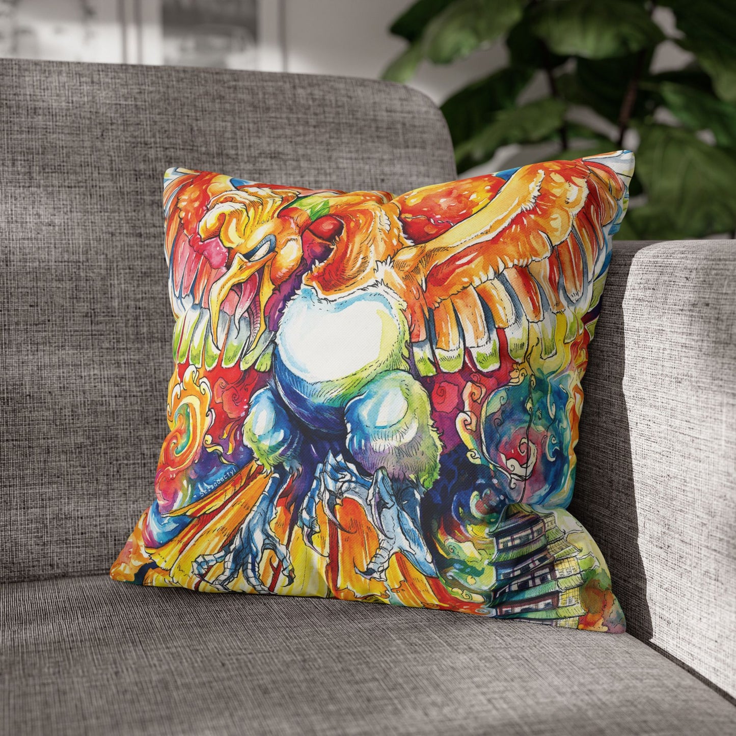 Square Poly Canvas Pillowcase - Fire Bird