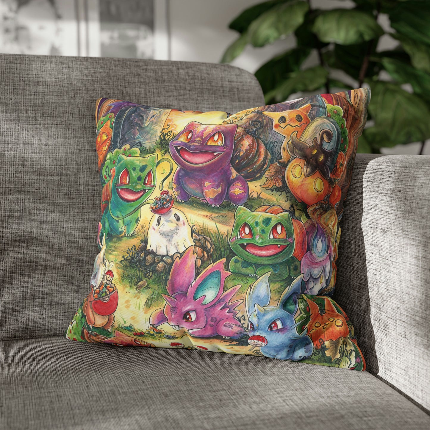 Square Poly Canvas Pillowcase - Halloween Friends