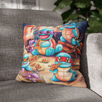 A square poly canvas pillowcase featuring a colorful character-themed print with a concealed zipper, displayed on a couch.