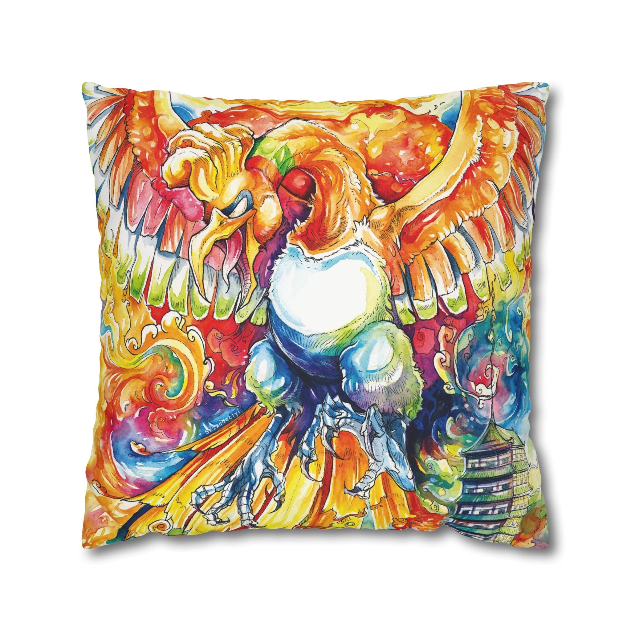 Square Poly Canvas Pillowcase - Fire Bird