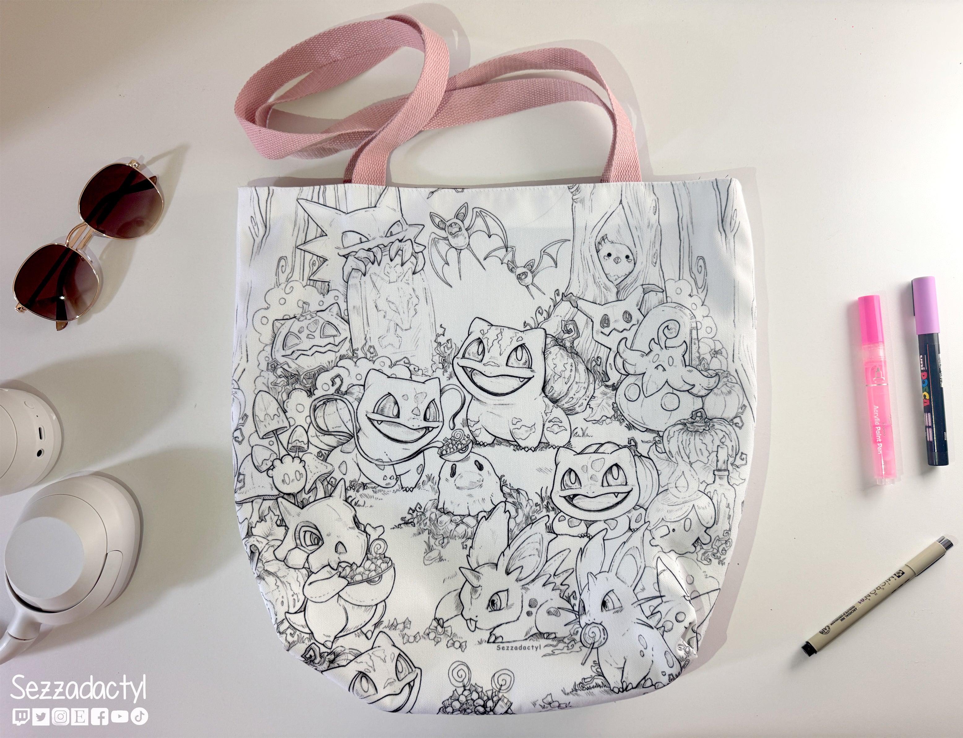 Tote Bag, 5-Color Straps - Halloween Friends Linework