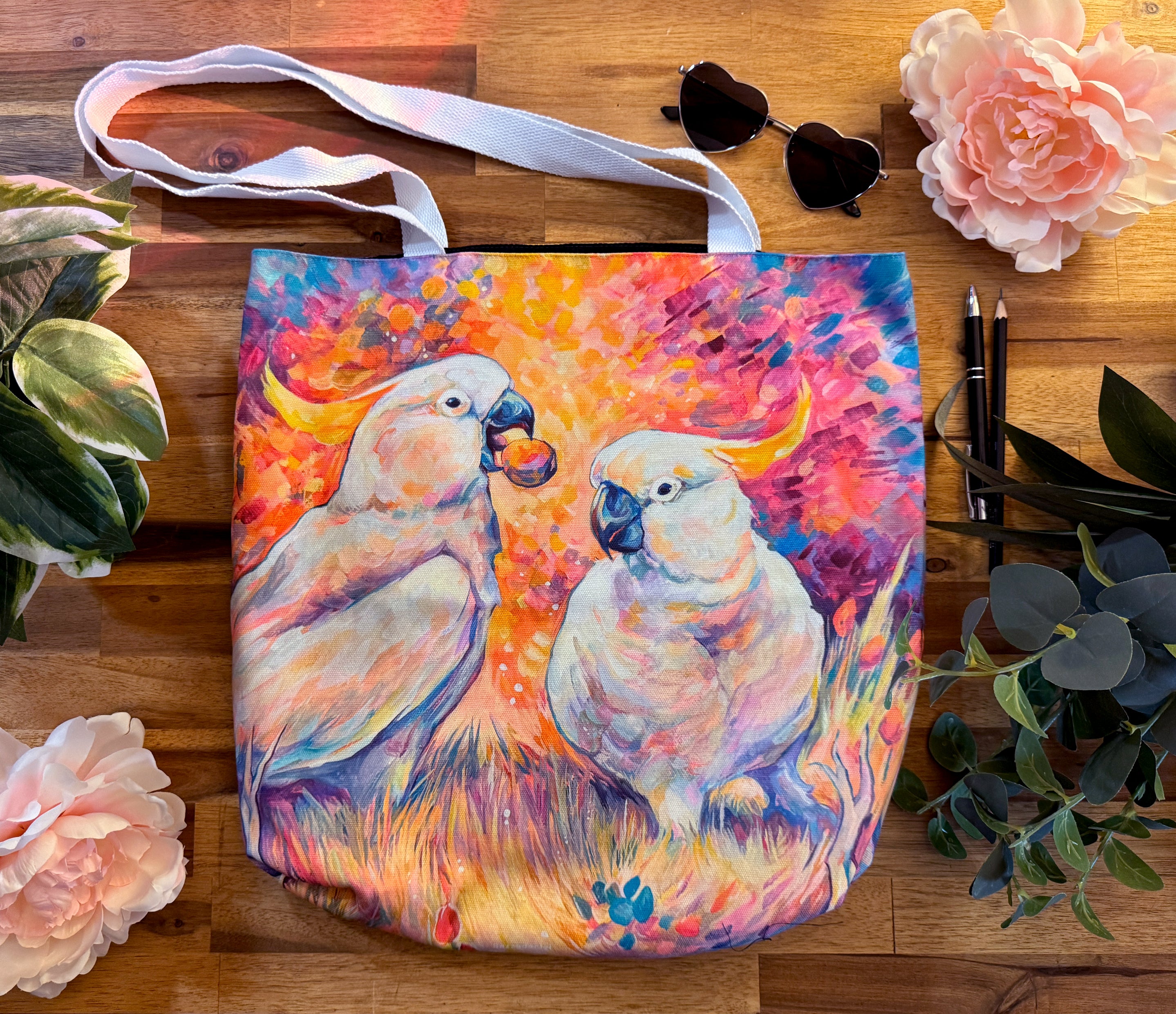 Tote Bag, 5-Color Straps - Cockatoos