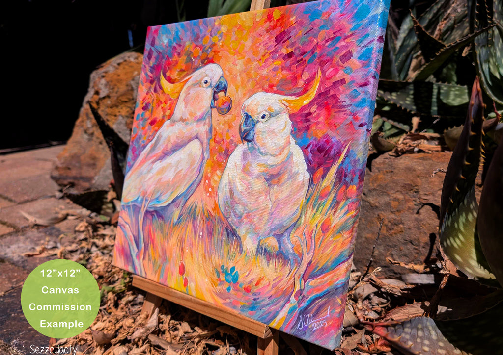 Colorful painting of two parrots on a wooden easel outdoors.