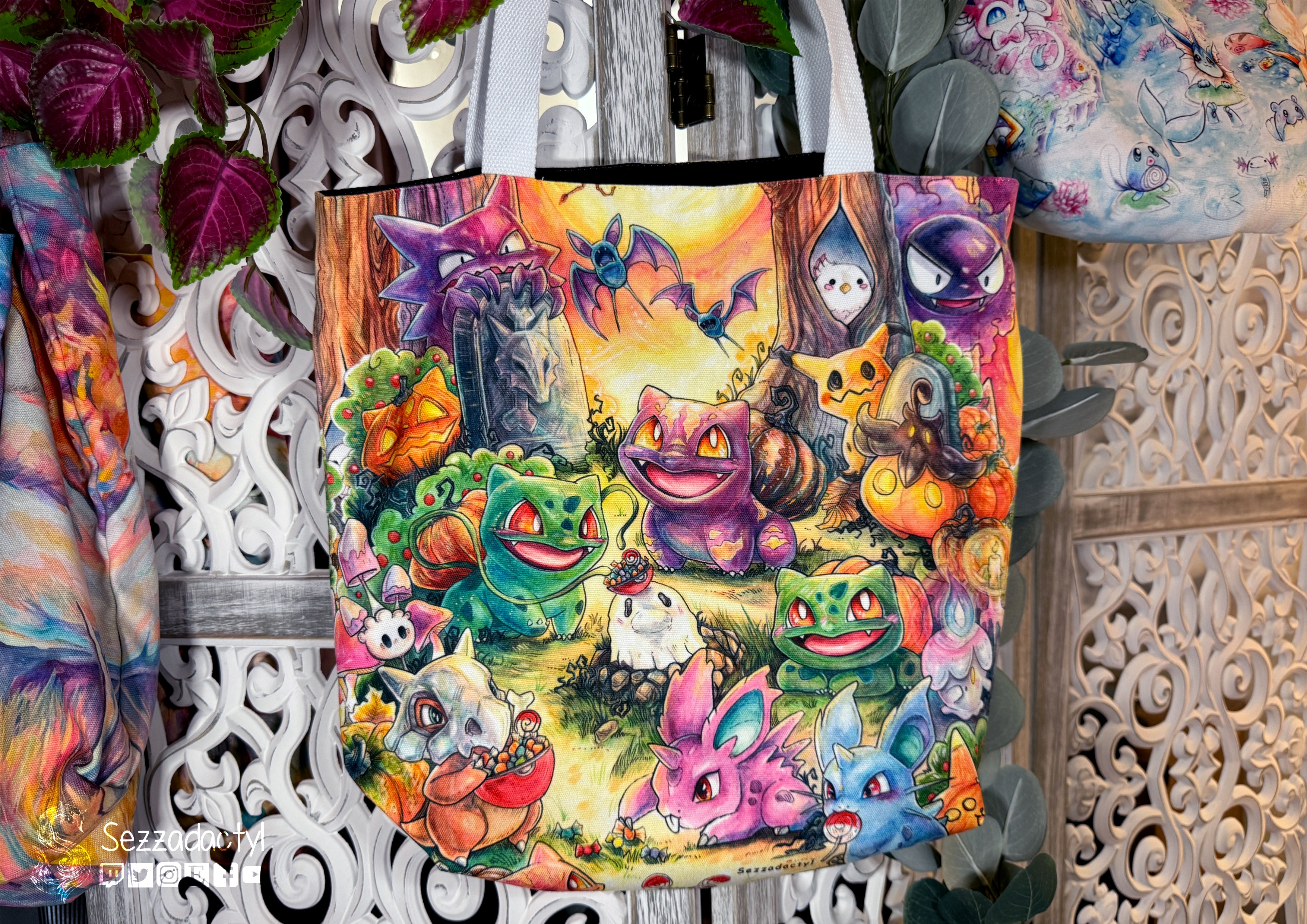 Canvas Tote Bag, 5-Color Straps - Halloween Friends