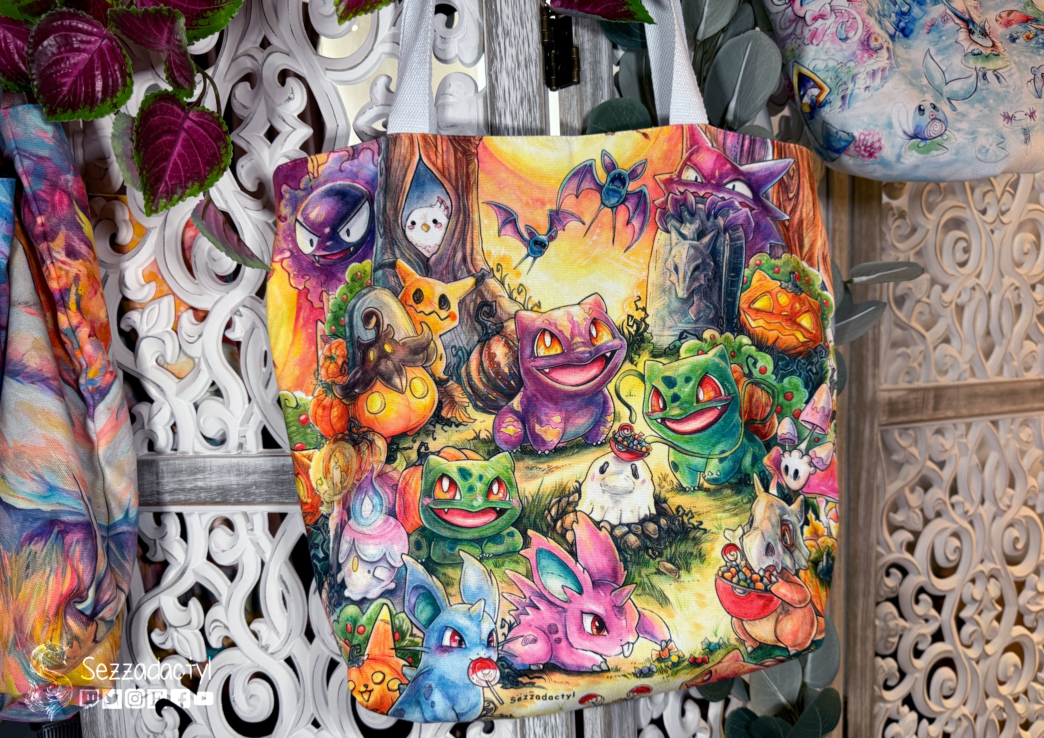 Canvas Tote Bag, 5-Color Straps - Halloween Friends
